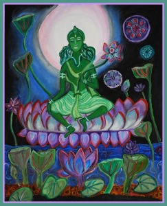 A KarmicEye rendition of Mahayana Buddhist deity Green Tara, whose name in Sanskrit means  ‘star’.  She is regarded as a goddess of universal compassion, peace and protection. According to Hinduism Green Tara was worshipped as the manifestation of deity Parvati, the consort of Lord Siva. According to Mahayana Buddhist belief Green Tara was born out of the tears that fell from the right eye of Bodhisattva Avaloketesvara. Emerald Green Tara is often depicted sitting on a lotus throne as she protects her faithful against earthly dangers in their journey towards enlightenment. 